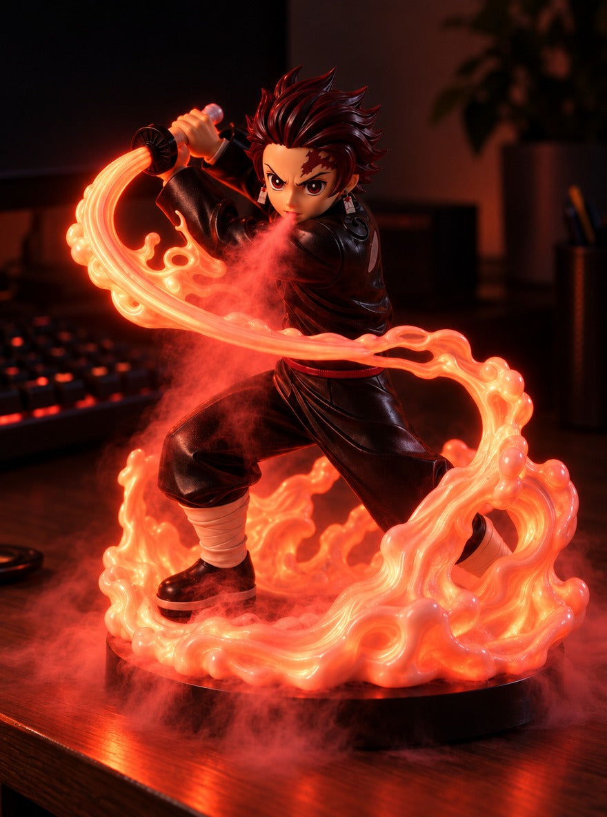 Tanjiro Water Breathing Mist Diffuser Figure – glowing on a desk at night | Demon Slayer