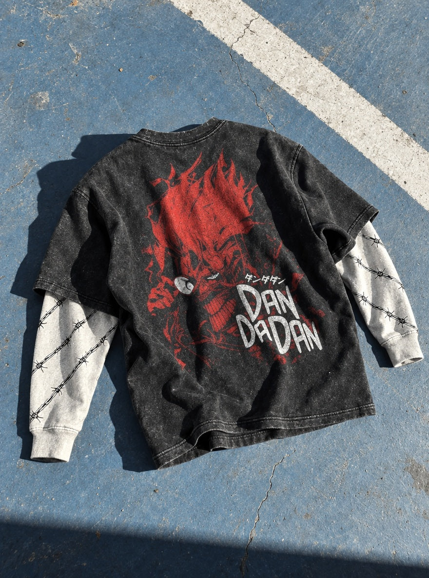 Okarun Red Aura – Double Sleeves – flat-lay | Dandadan