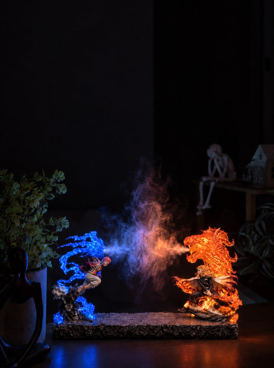 Akaza vs Rengoku Mist Diffuser Figure – lit with mist in a room at night | Demon Slayer