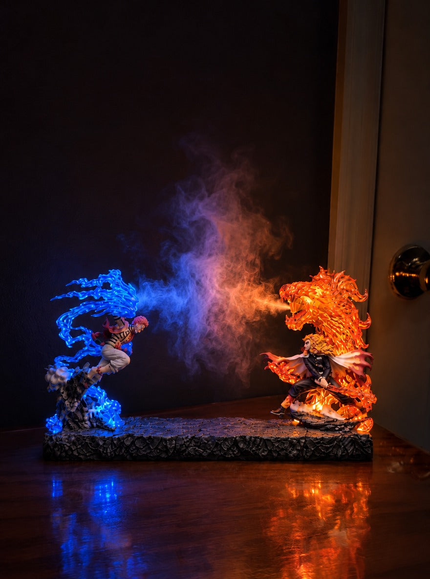 Akaza vs Rengoku Mist Diffuser Figure – lit with mist in a room at night | Demon Slayer