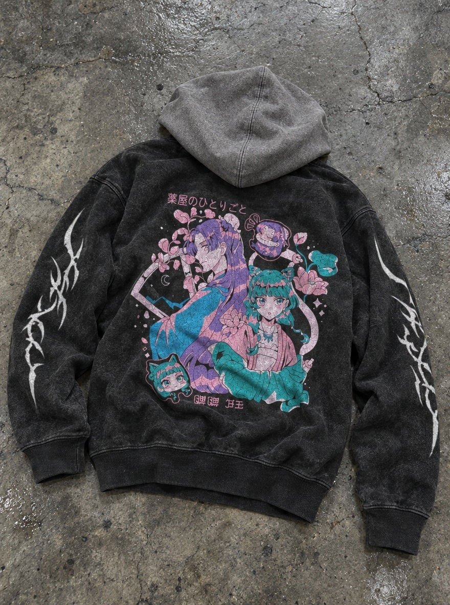 Pastel Jinshi & Maomao – Black & Grey Hoodie – flat-lay | Apothecary Diaries