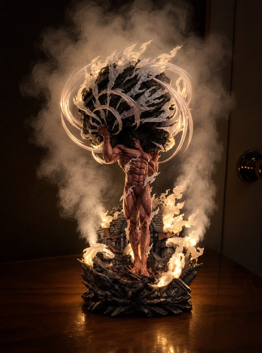 Attack Titan Steam Mist Diffuser Figure – lit with mist in a room at night | Attack on Titan