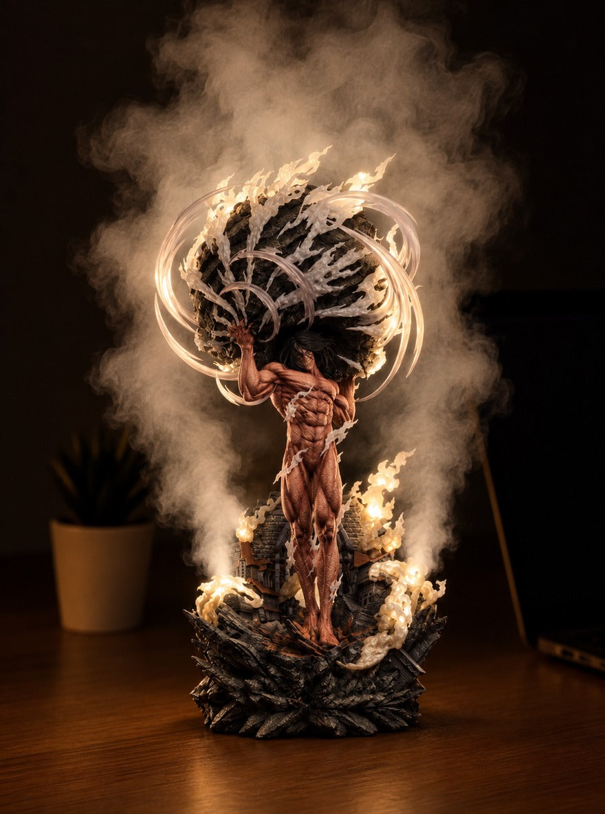 Attack Titan Steam Mist Diffuser Figure – lit with mist in a room at night | Attack on Titan