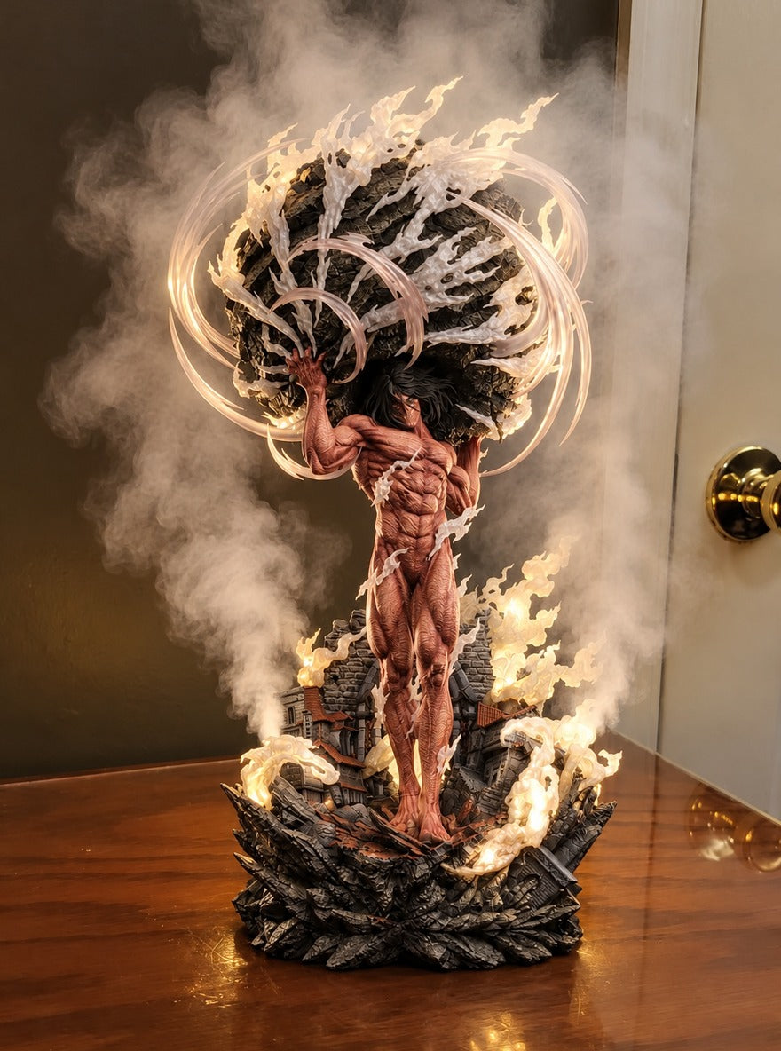 Attack Titan Steam Mist Diffuser Figure – lit with mist in a daylight room | Attack on Titan