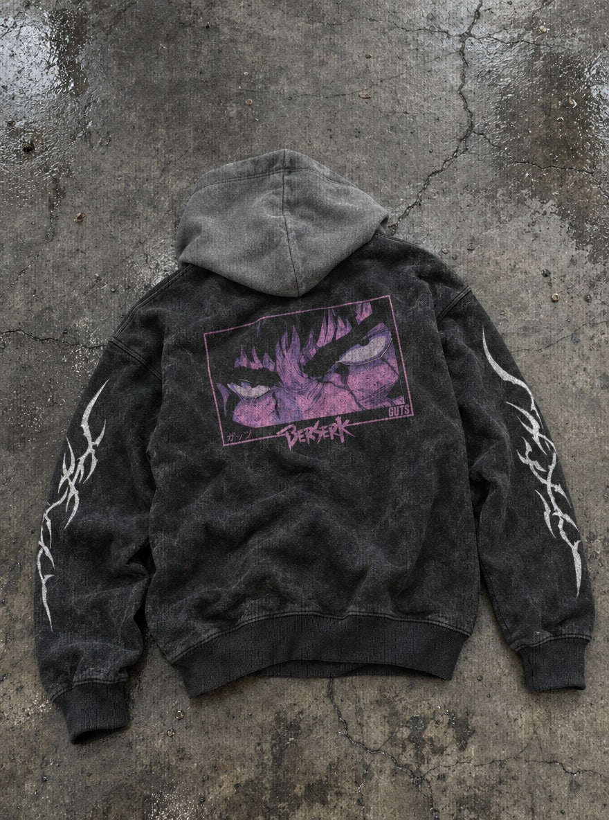 Purple Glare Guts – Black & Grey Hoodie – flat-lay | Berserk