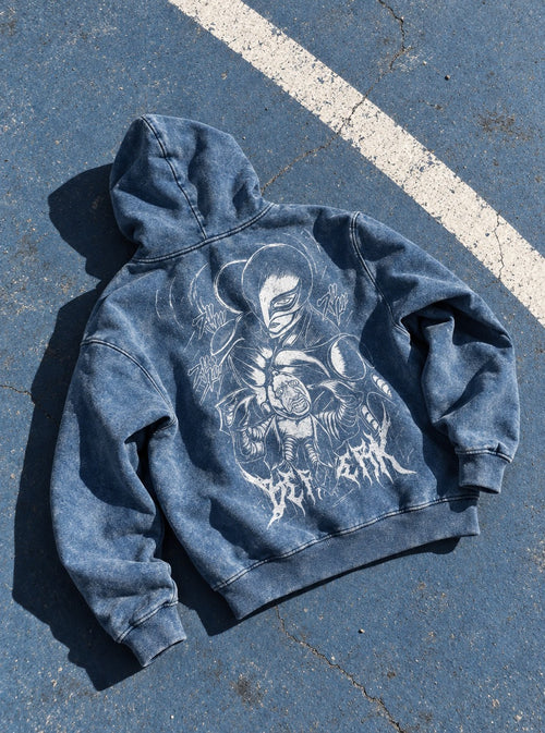Blue Faded Hoodie – Hawk Helm Behelit – flat-lay | Berserk