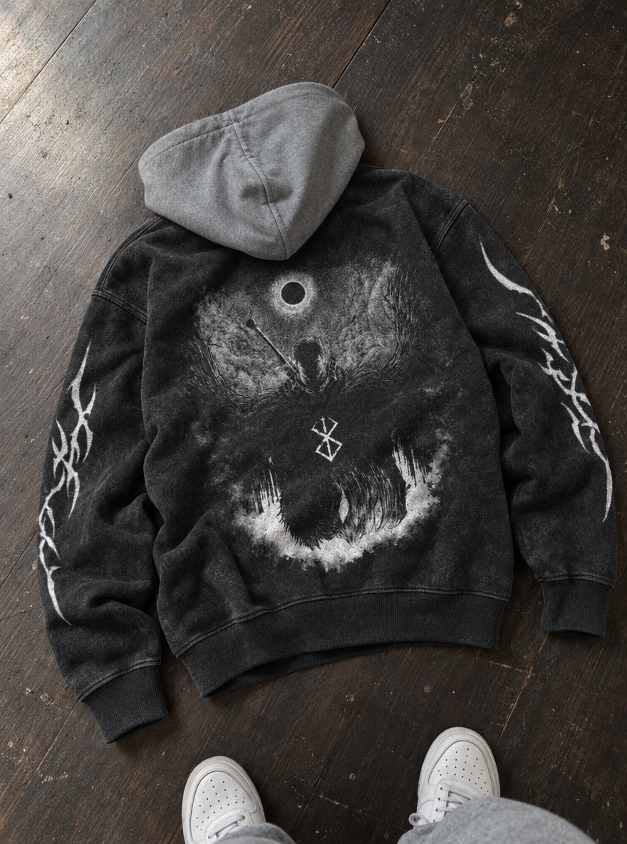 Black Sun Silhouette – Black & Grey Hoodie – flat-lay | Berserk
