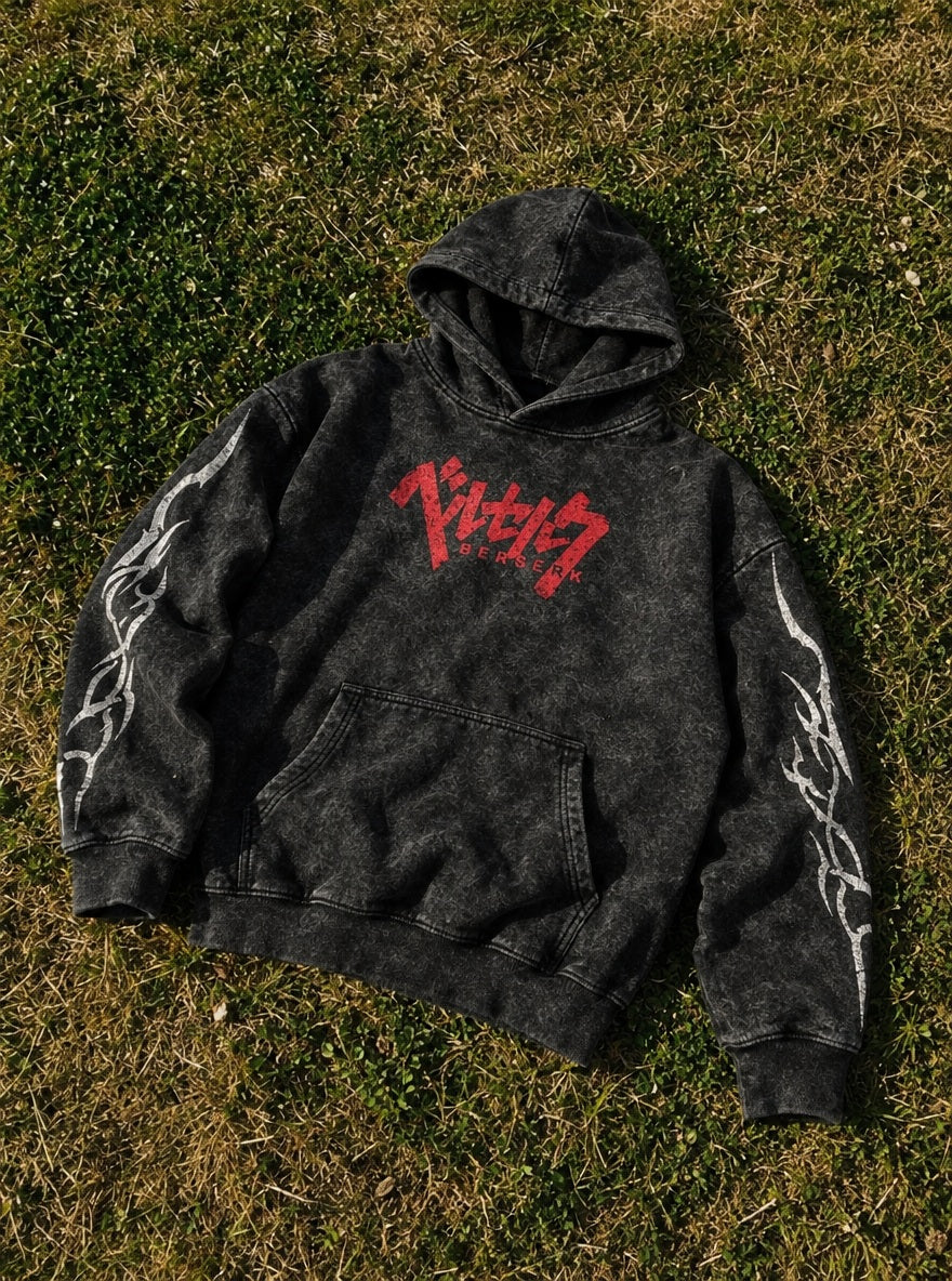 Red Katakana Logo – Hoodie – flat-lay | Berserk