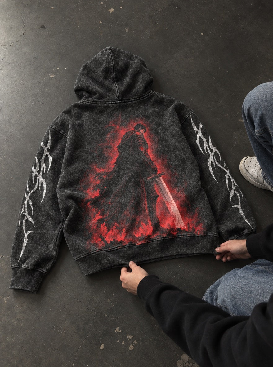 Crimson Aura Guts – Hoodie – flat-lay | Berserk