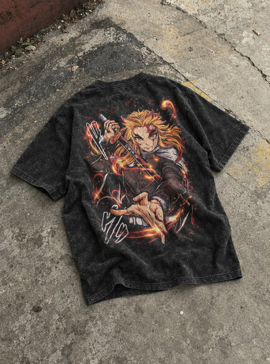 Rengoku Flame – Black T-Shirt – flat-lay | Demon Slayer