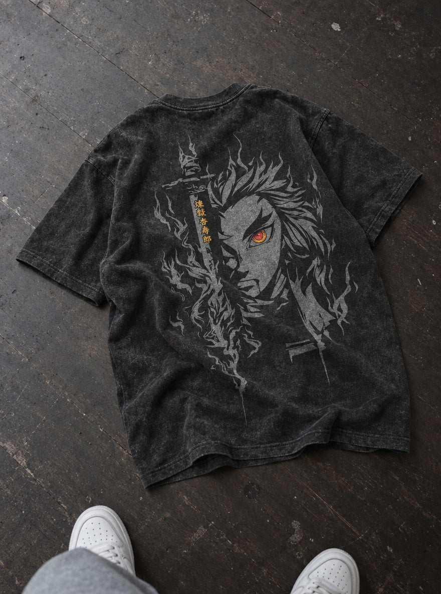 Rengoku Ember – Black T-Shirt – flat-lay | Demon Slayer