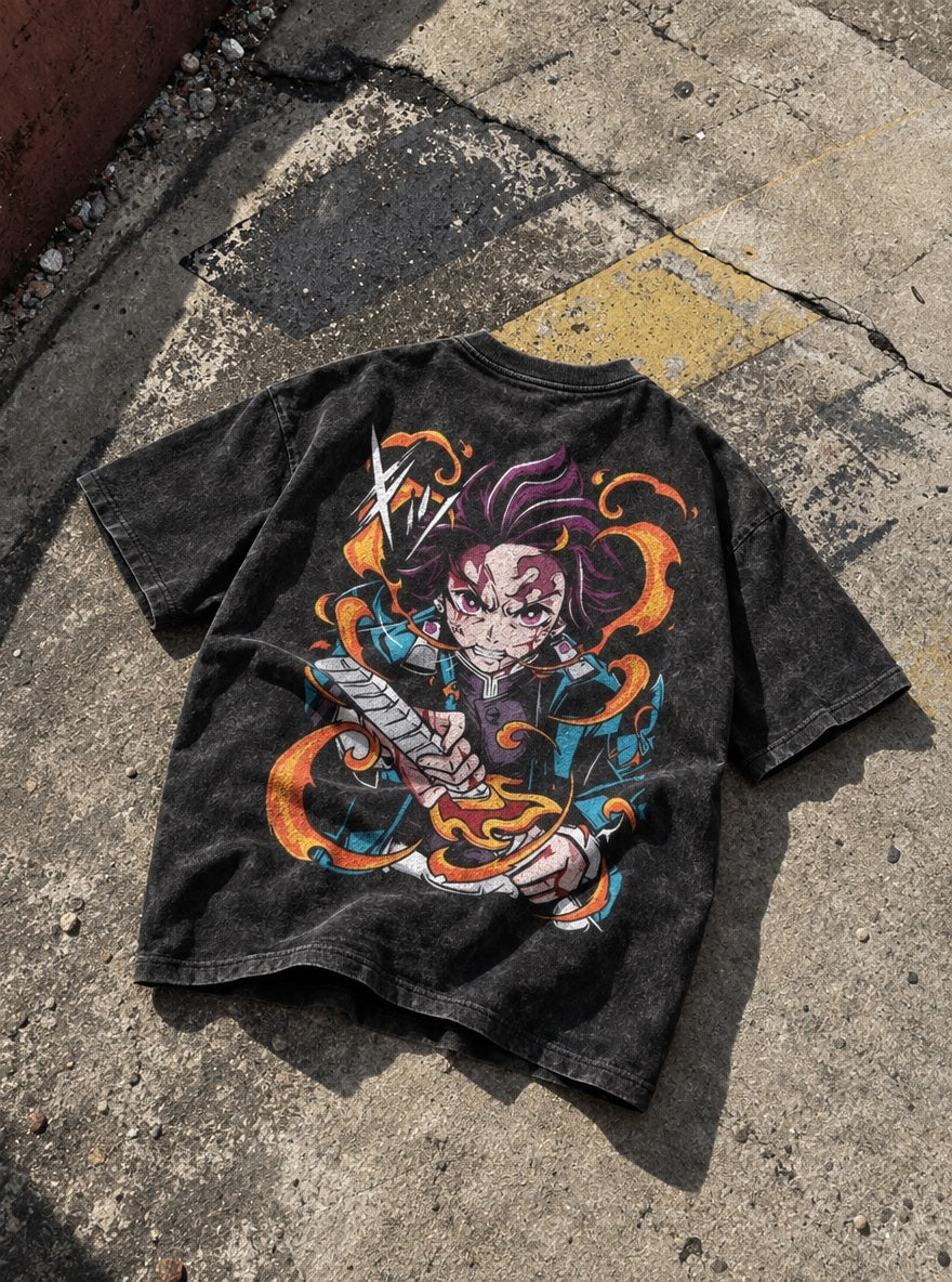 Tanjiro Duo – Black T-Shirt – flat-lay | Demon Slayer