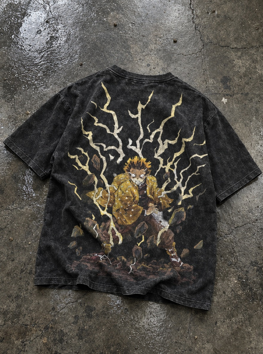 Zenitsu Thunder – Black T-Shirt – flat-lay | Demon Slayer