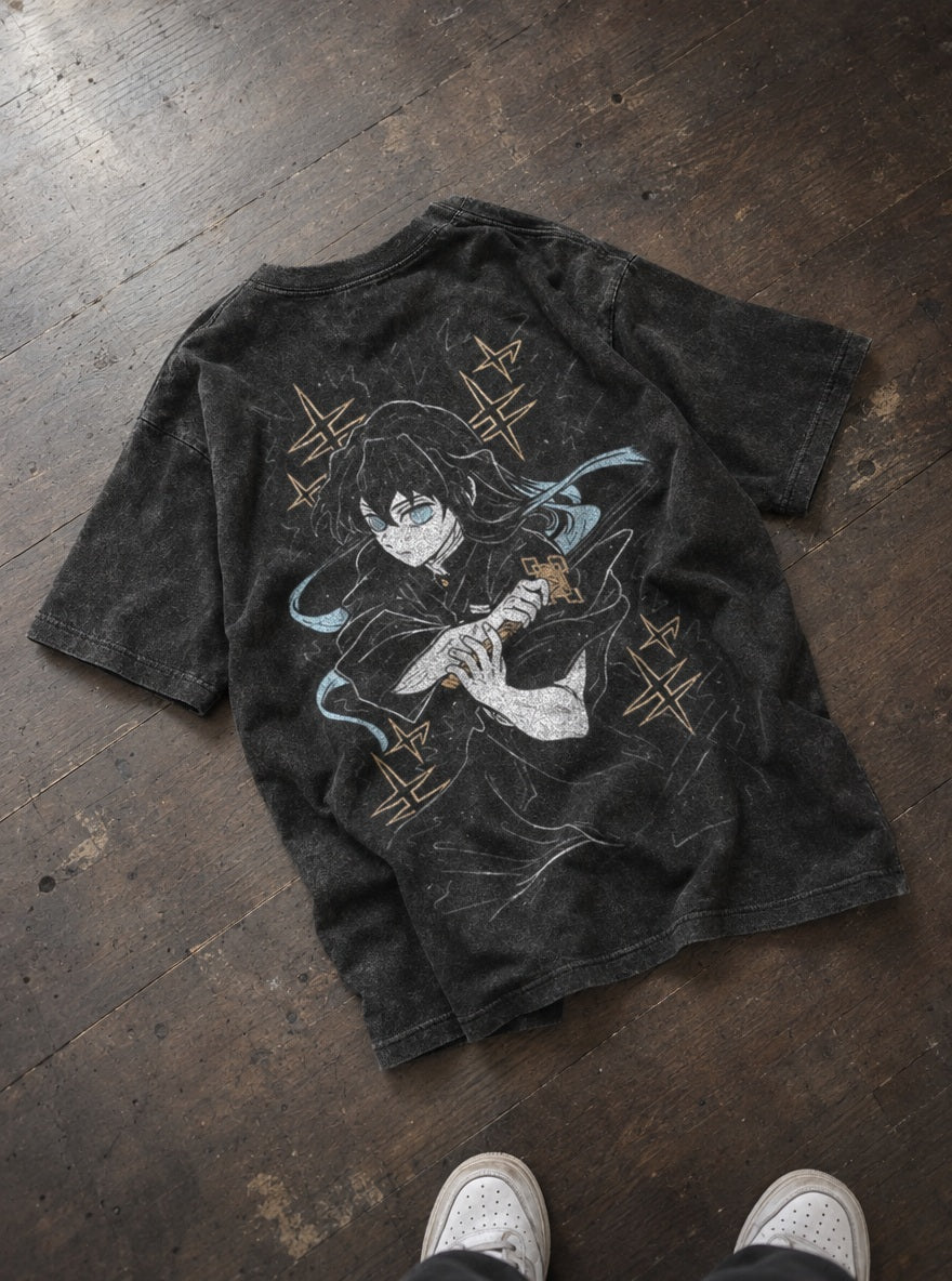 Muichiro Blade – Black T-Shirt – flat-lay | Demon Slayer