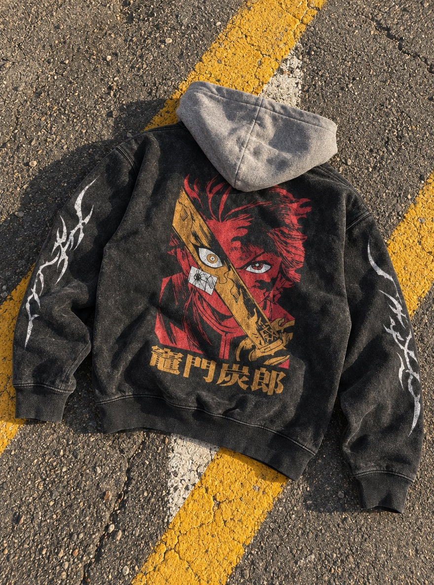 Tanjiro Red – Black & Grey Hoodie – flat-lay | Demon Slayer