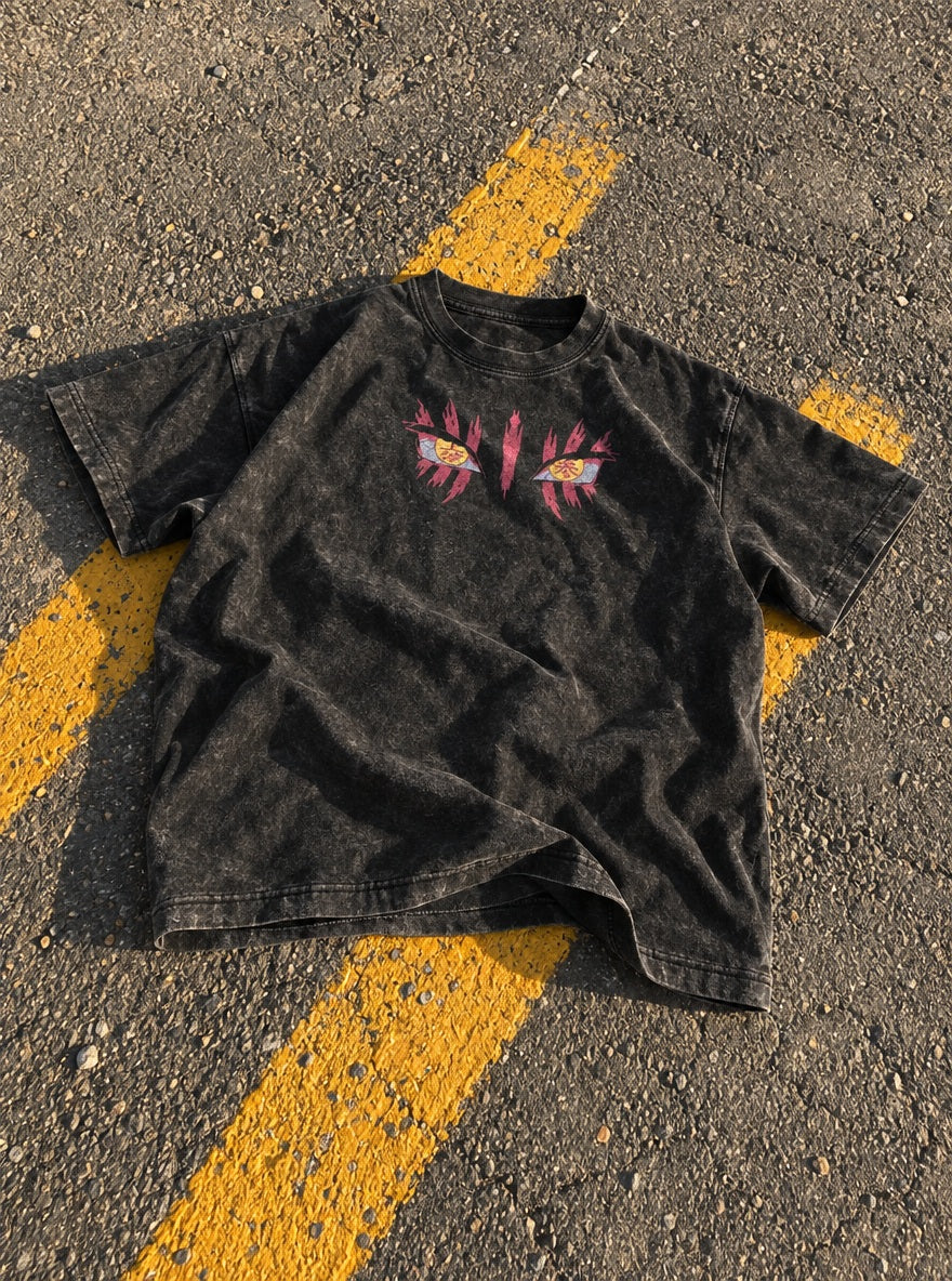 Akaza Eyes – Black T-Shirt – flat-lay | Demon Slayer