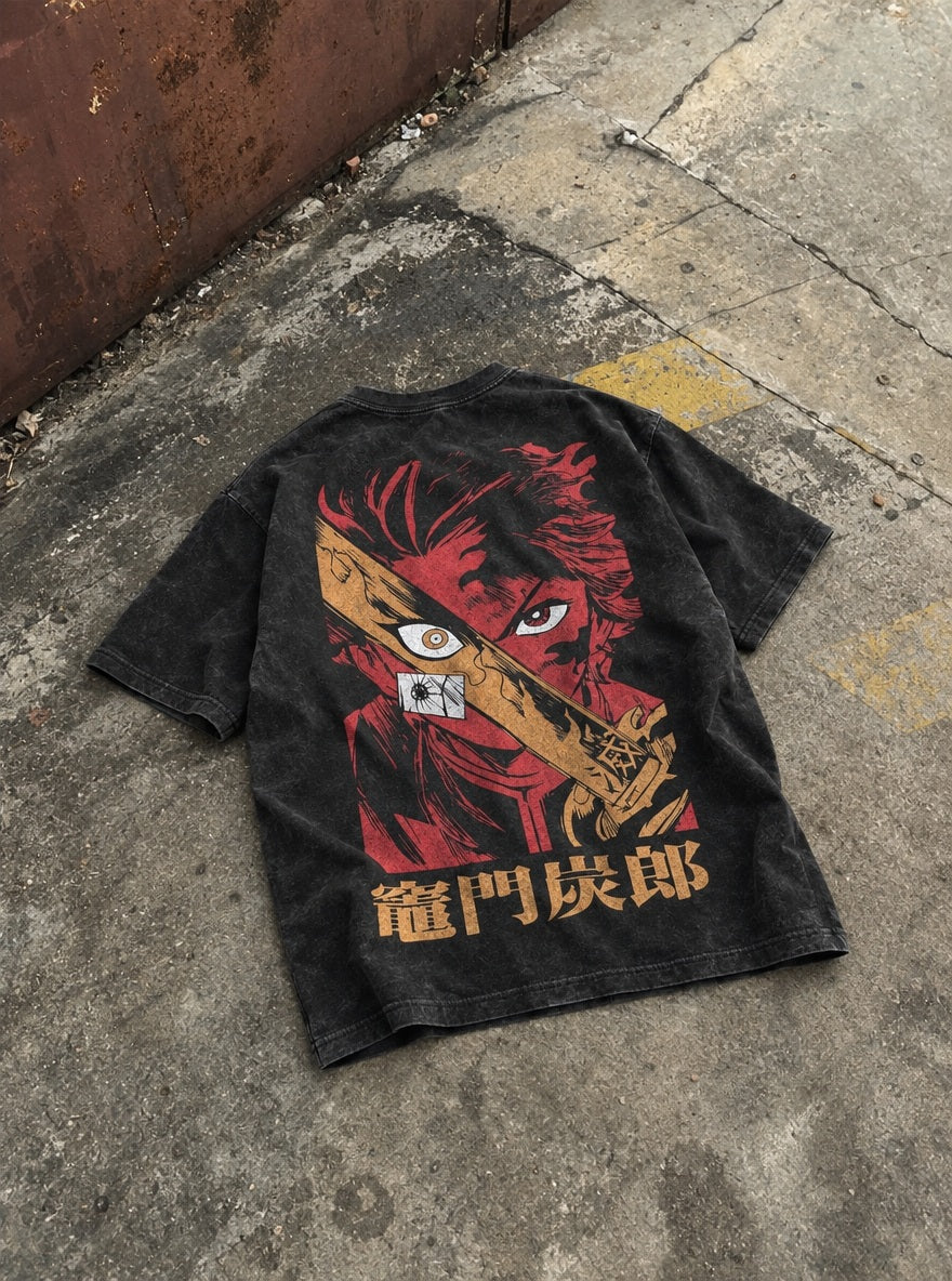 Tanjiro Red – Black T-Shirt – flat-lay | Demon Slayer
