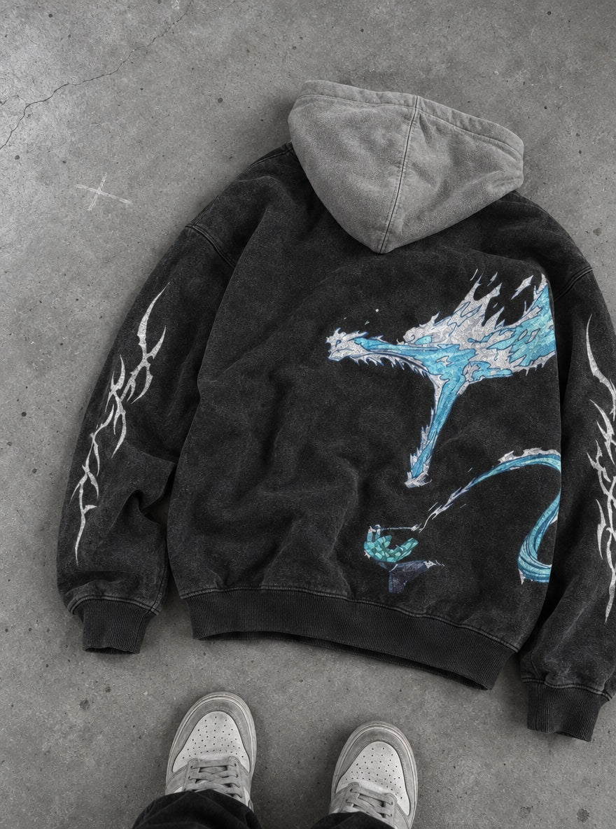 Water Dragon – Black & Grey Hoodie – flat-lay | Demon Slayer