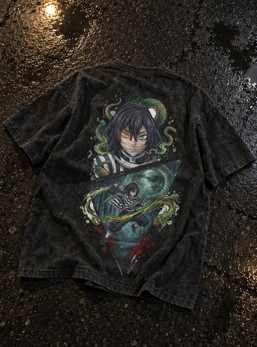 Obanai Serpent – Black T-Shirt – flat-lay | Demon Slayer