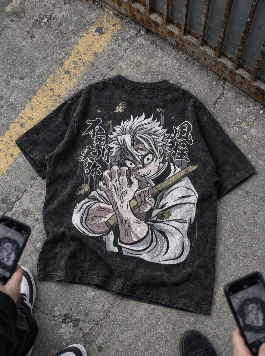 Sanemi Scars – Black T-Shirt – flat-lay | Demon Slayer