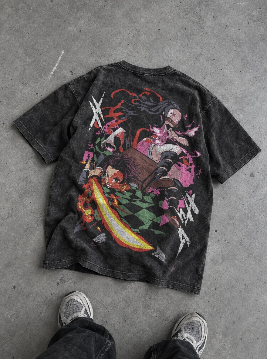 Tanjiro & Nezuko – Black T-Shirt – flat-lay | Demon Slayer