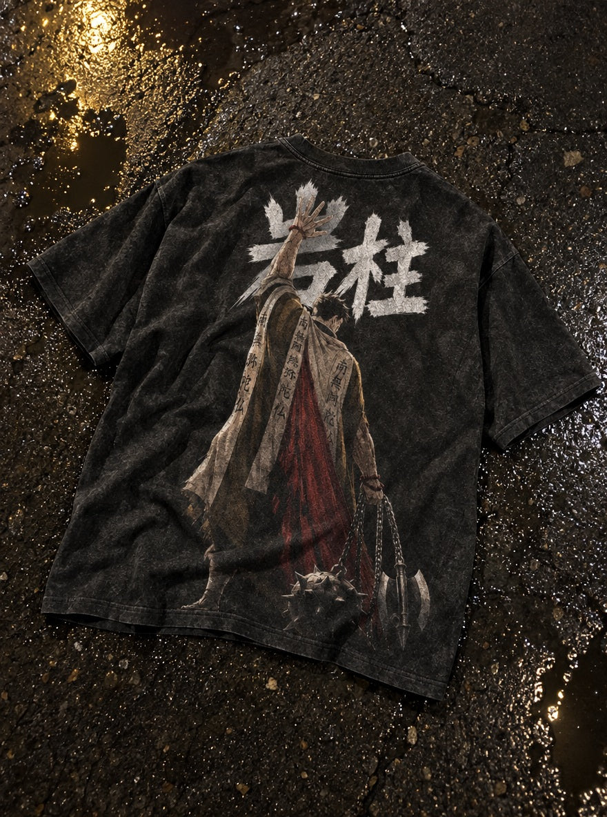 Stone Pillar – Black T-Shirt – flat-lay | Demon Slayer