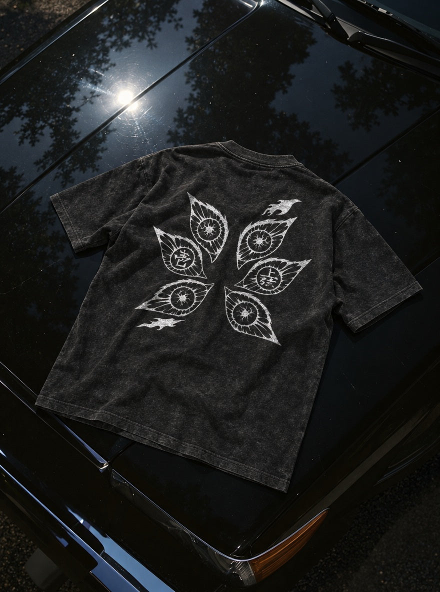 Six Eyes – Black T-Shirt – flat-lay | Demon Slayer
