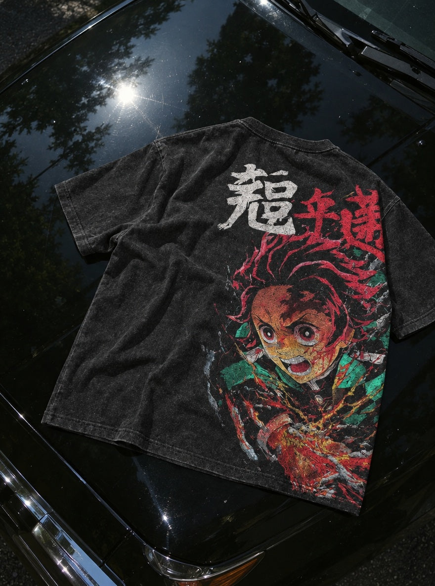Tanjiro Blaze – Black T-Shirt – flat-lay | Demon Slayer