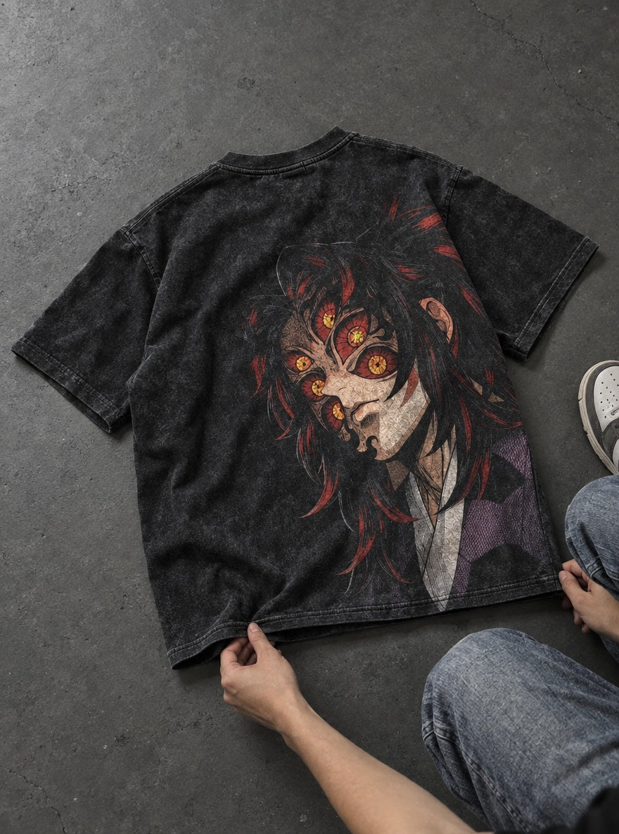 Kokushibo Gaze – Black T-Shirt – flat-lay | Demon Slayer