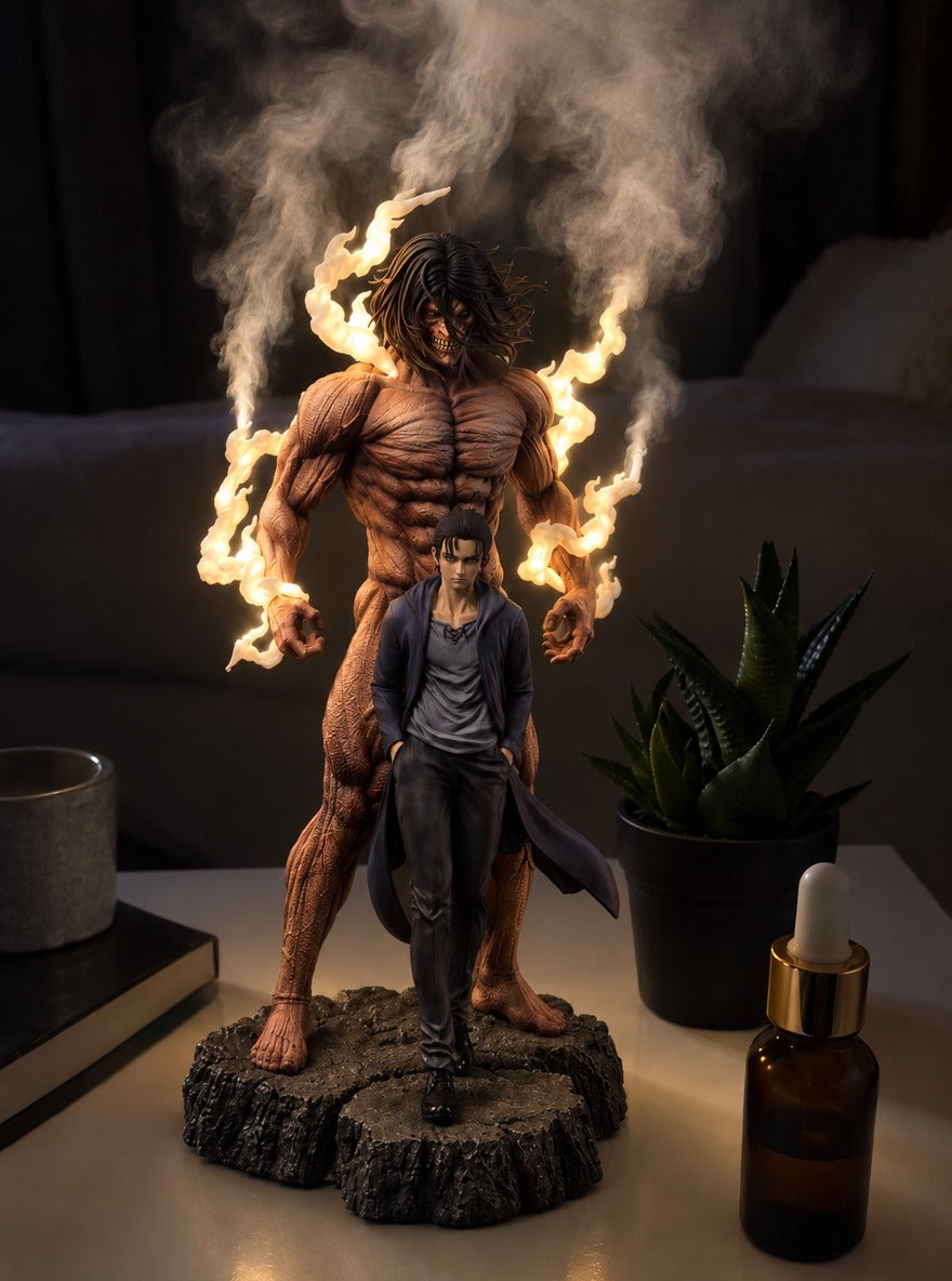 Eren and Attack Titan Mist Diffuser Figure – glowing with mist at night | Attack on Titan