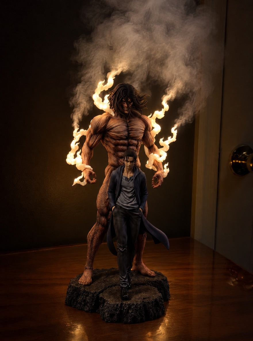 Eren and Attack Titan Mist Diffuser Figure – lit with mist in a room at night | Attack on Titan
