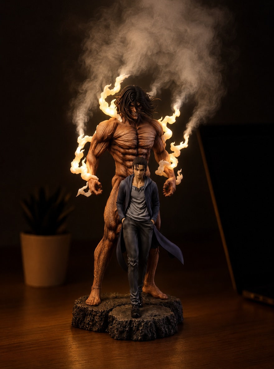 Eren and Attack Titan Mist Diffuser Figure – lit with mist in a room at night | Attack on Titan