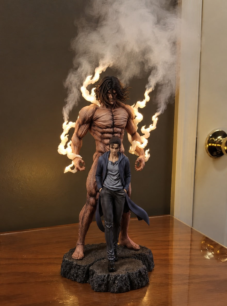 Eren and Attack Titan Mist Diffuser Figure – lit with mist in a daylight room | Attack on Titan