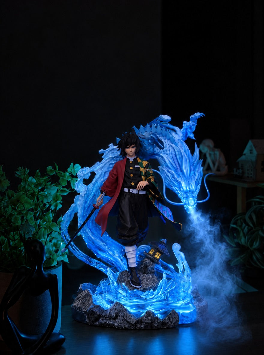 Giyu Tomioka Water Dragon Mist Diffuser Figure – lit with mist in a room at night | Demon Slayer