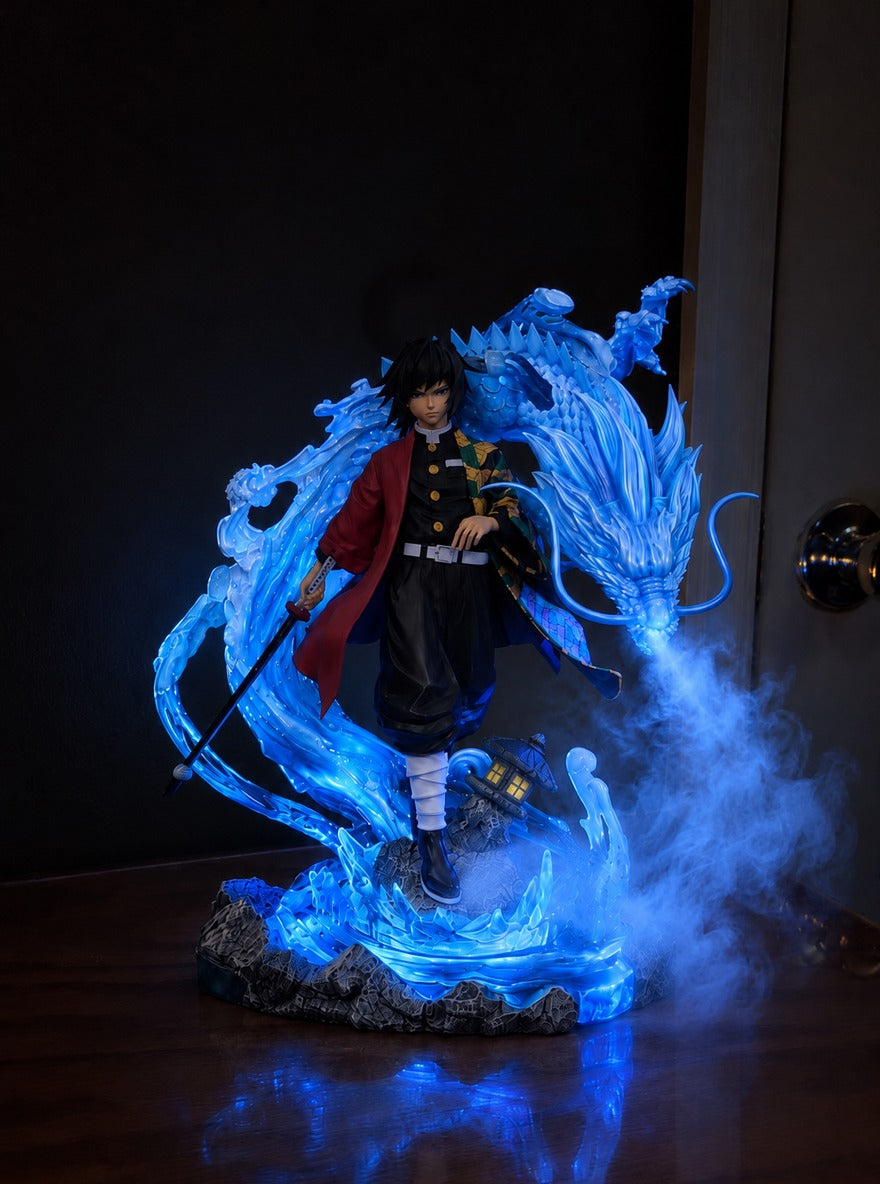 Giyu Tomioka Water Dragon Mist Diffuser Figure – lit with mist in a room at night | Demon Slayer
