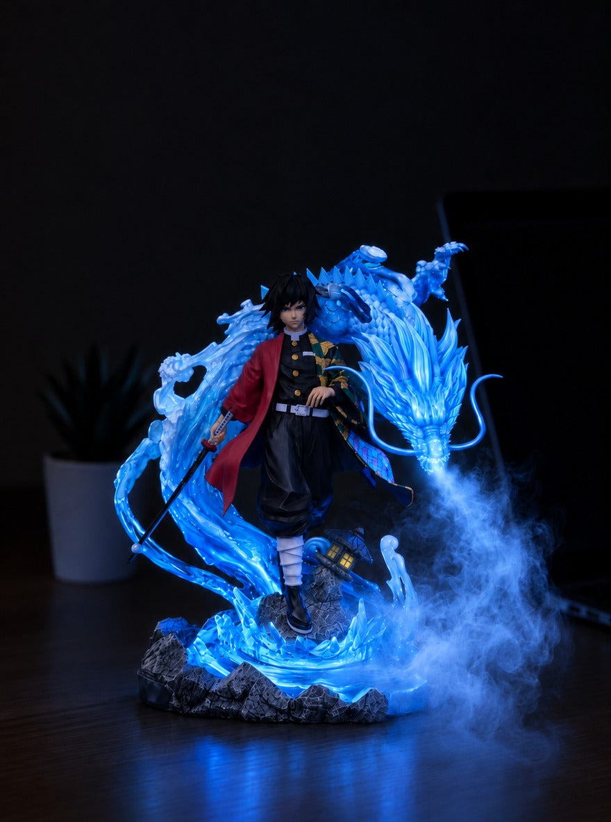 Giyu Tomioka Water Dragon Mist Diffuser Figure – lit with mist in a room at night | Demon Slayer