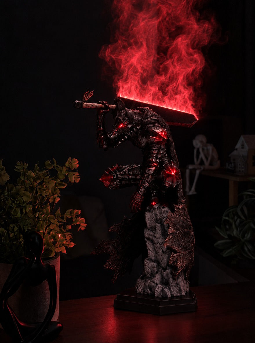 Guts Berserker Armor Mist Diffuser Figure – lit with mist in a room at night | Berserk