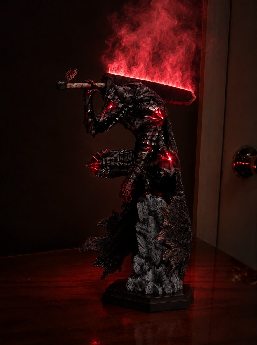 Guts Berserker Armor Mist Diffuser Figure – lit with mist in a room at night | Berserk