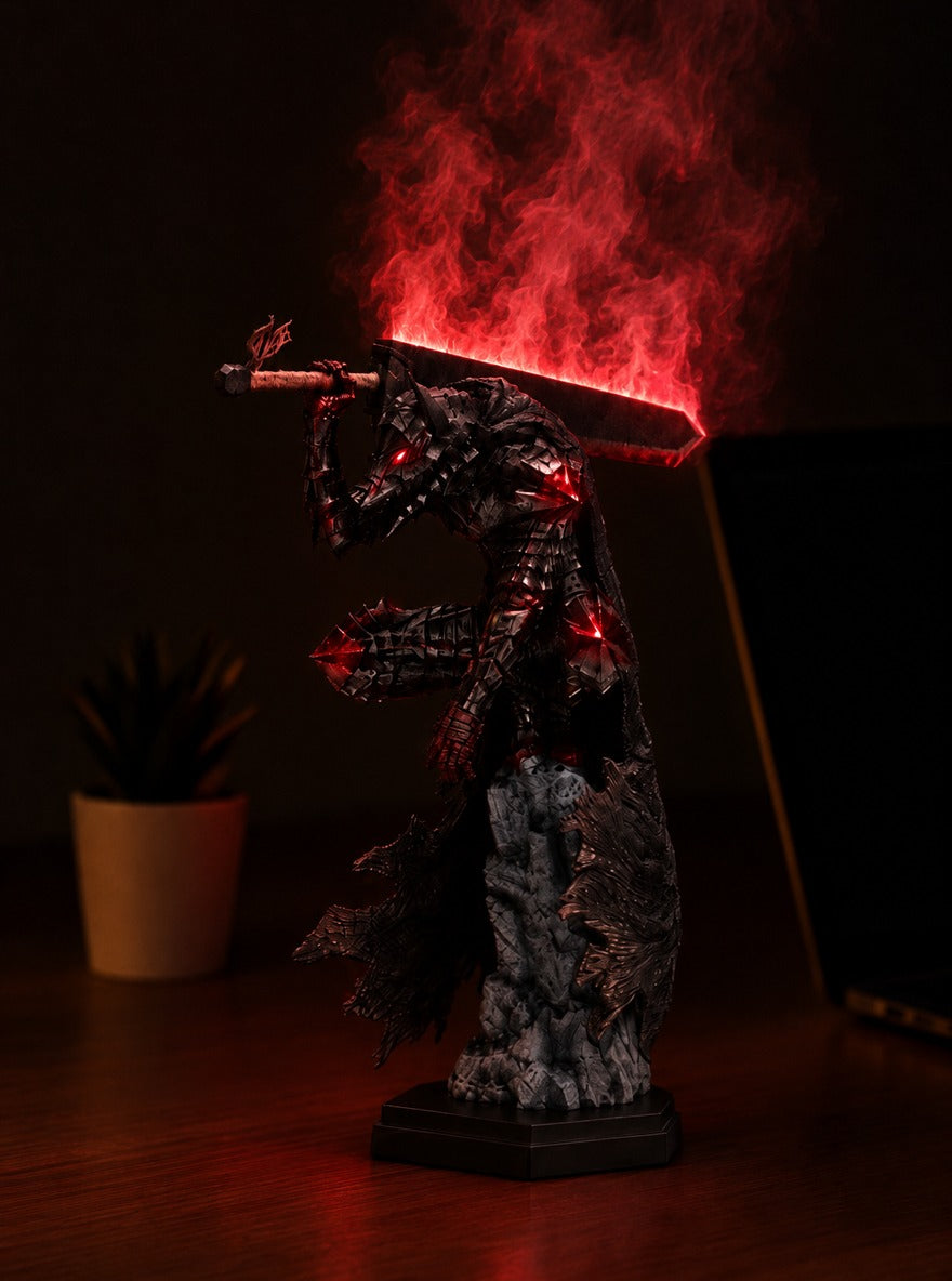 Guts Berserker Armor Mist Diffuser Figure – lit with mist in a room at night | Berserk