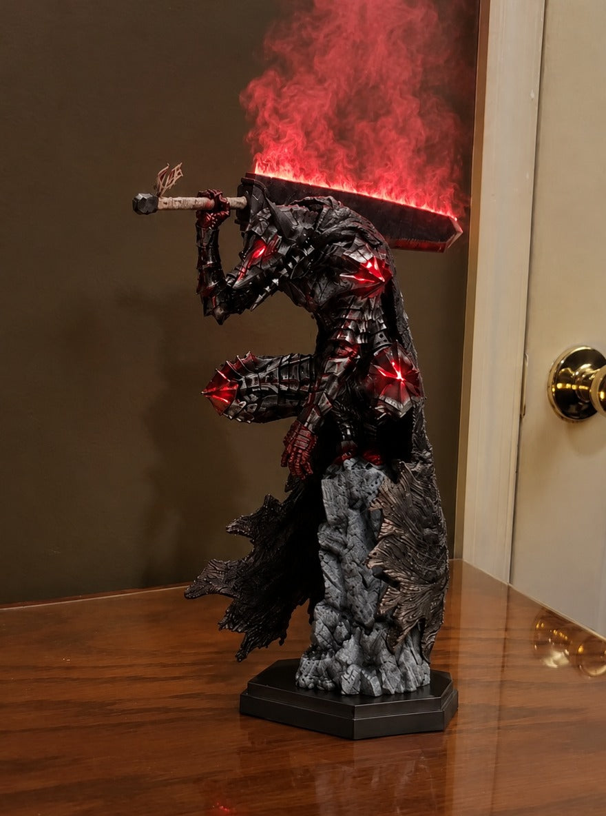 Guts Berserker Armor Mist Diffuser Figure – lit with mist in a daylight room | Berserk
