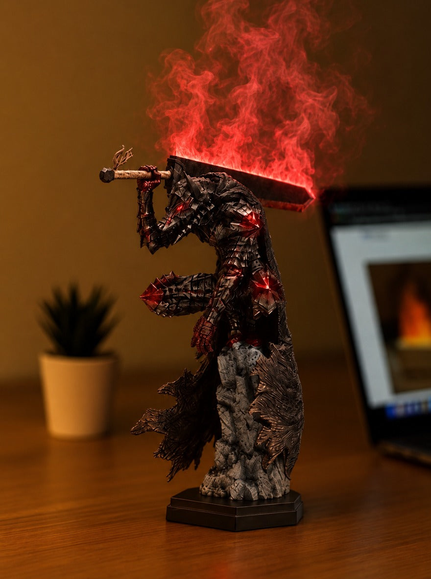 Guts Berserker Armor Mist Diffuser Figure – lit with mist in a daylight room | Berserk