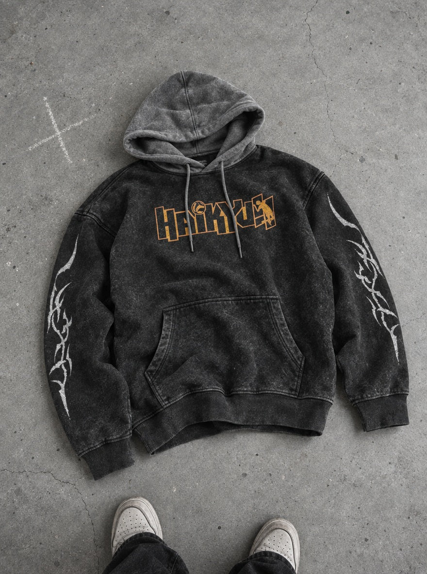 Volleyball Logo – Black & Grey Hoodie – flat-lay | Haikyuu