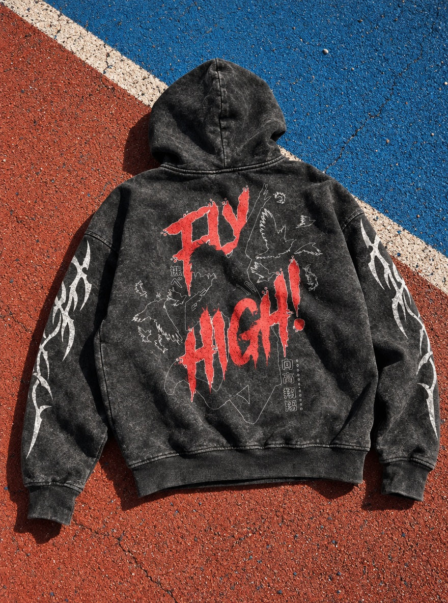 Fly High Script – Hoodie – flat-lay | Haikyuu