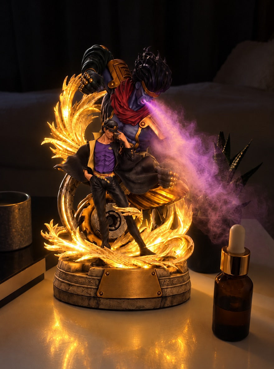 Jotaro and Star Platinum Mist Diffuser Figure – glowing with mist at night | JoJo