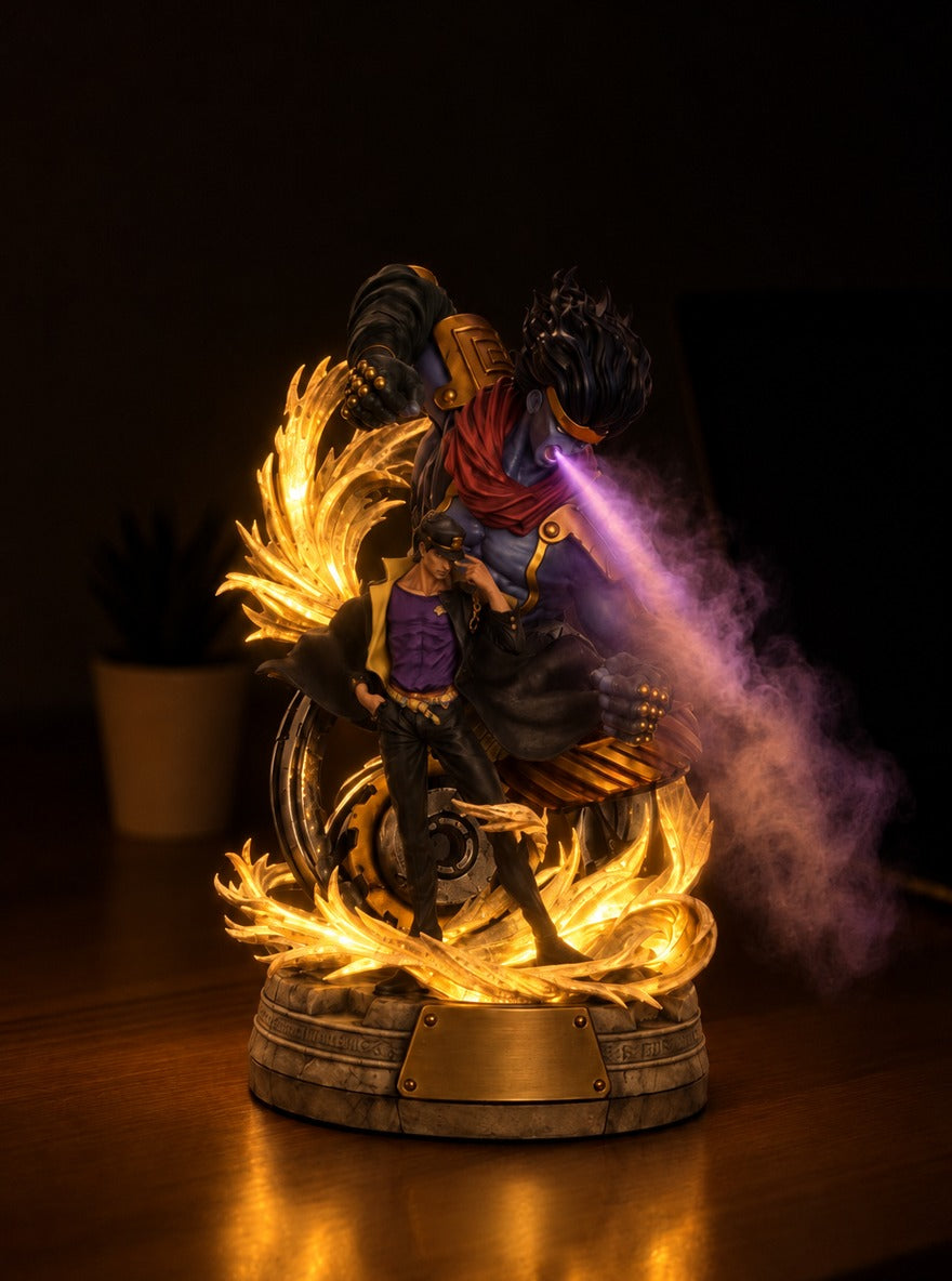 Jotaro and Star Platinum Mist Diffuser Figure – lit with mist in a room at night | JoJo