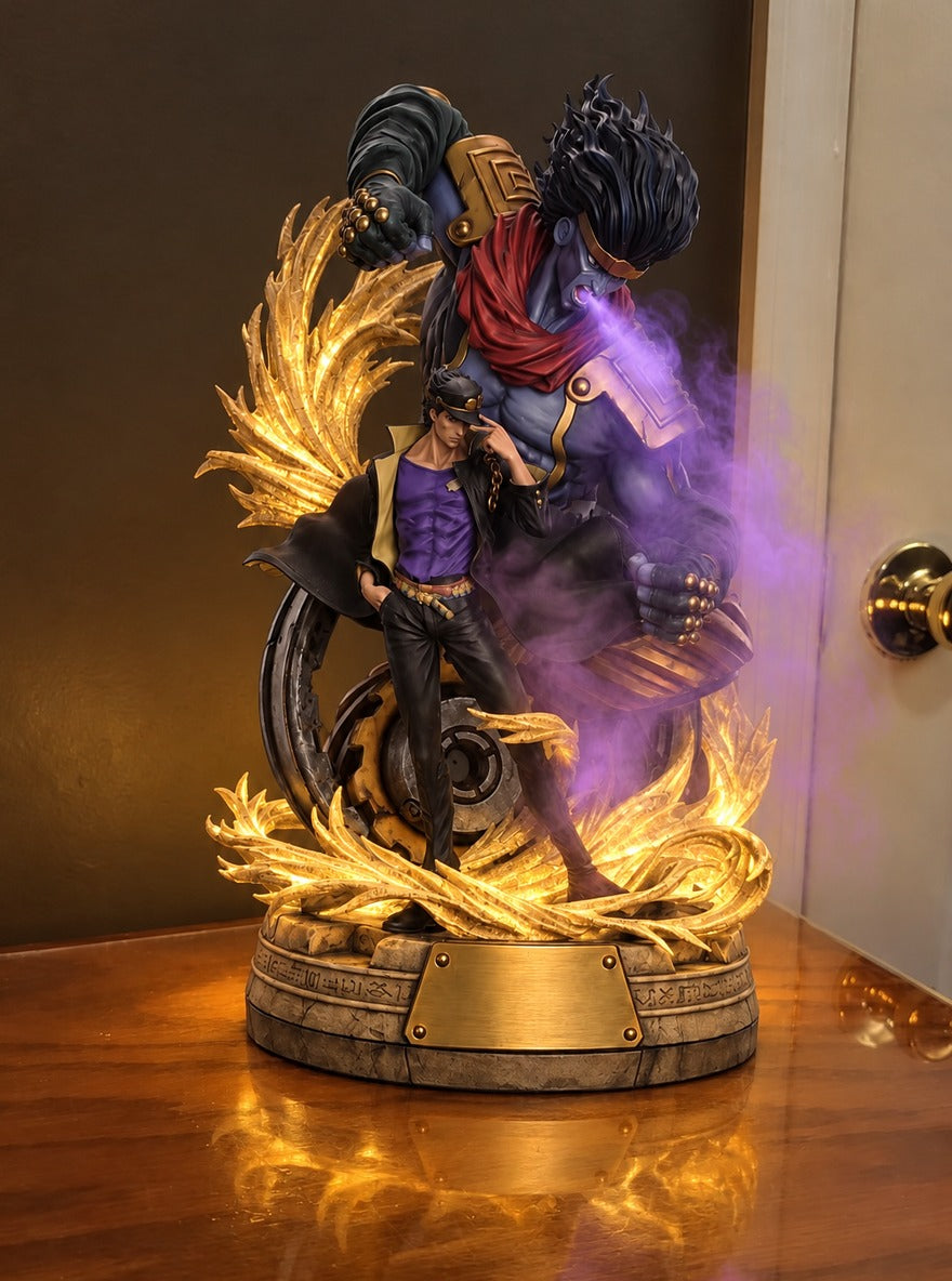 Jotaro and Star Platinum Mist Diffuser Figure – lit with mist in a daylight room | JoJo