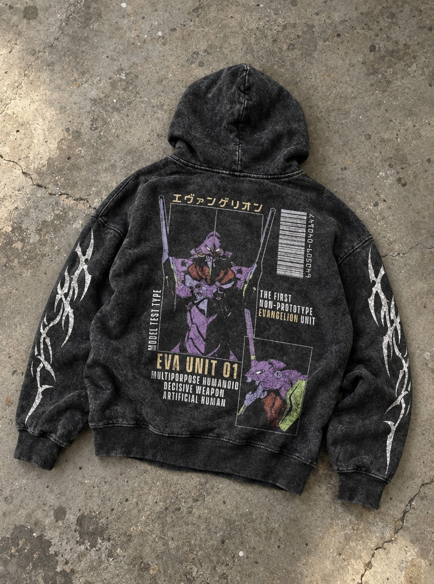 Unit-01 Spec Sheet – Hoodie – flat-lay | Neon Genesis Evangelion