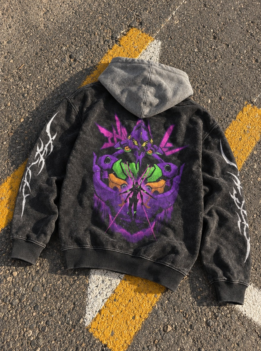 Unit-01 Neon Mask – Black & Grey Hoodie – flat-lay | Neon Genesis Evangelion