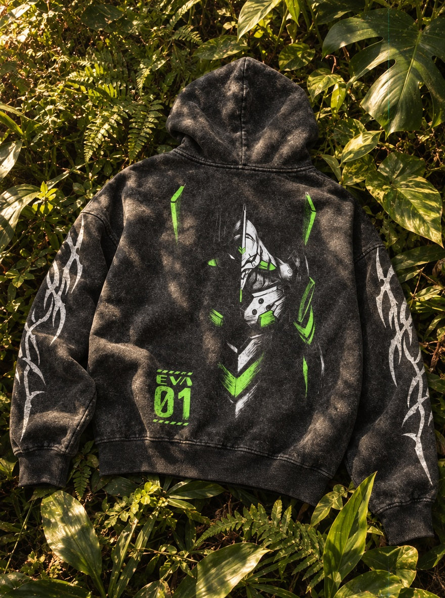 Unit-01 Half Mask – Hoodie – flat-lay | Neon Genesis Evangelion