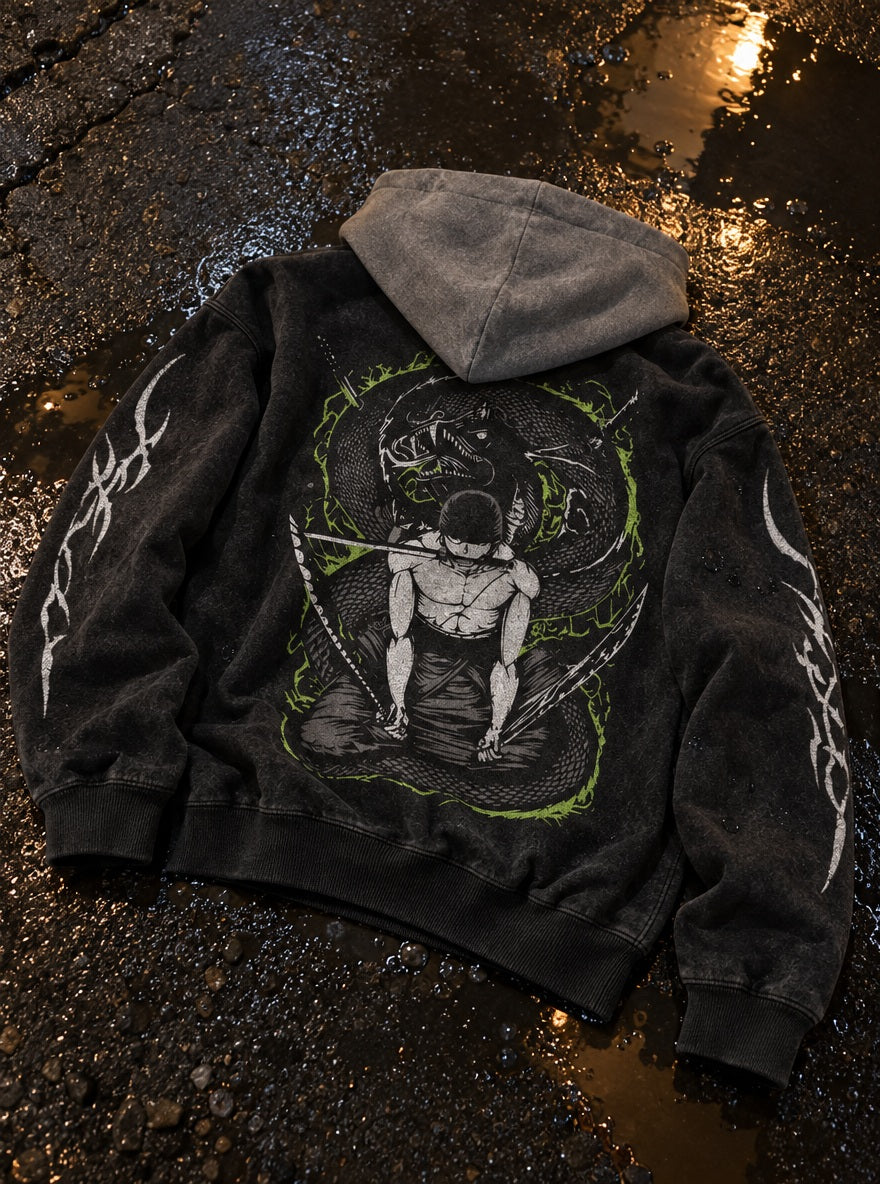 Zoro Dragon Spirit – Black & Grey Hoodie – flat-lay | One Piece